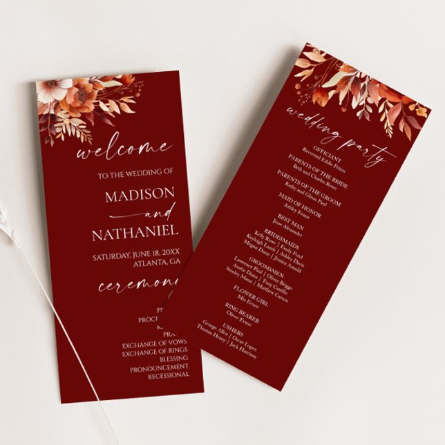 Rusty Burgundy Brown Floral Flower Wedding Program (Creator Uploaded)