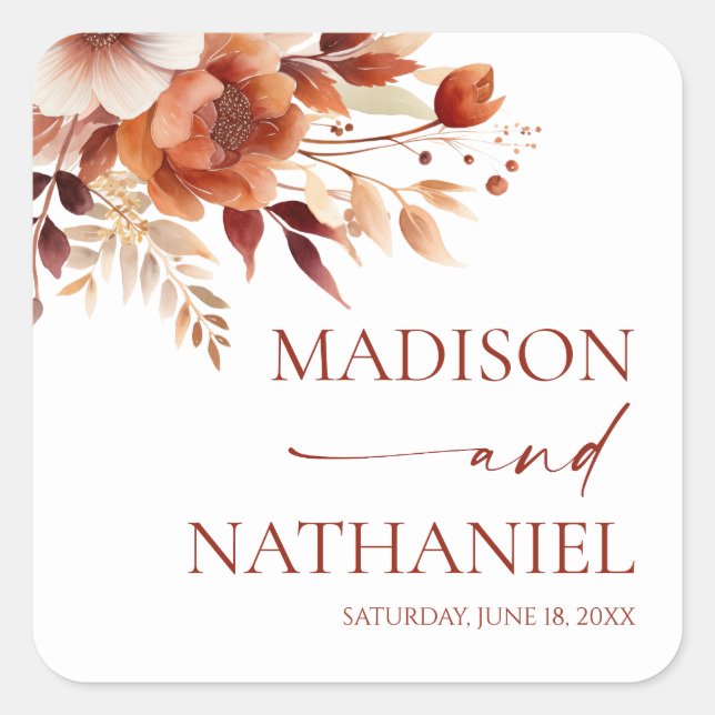 Rusty Burgundy Brown Floral Flower Wedding Square Sticker (Front)