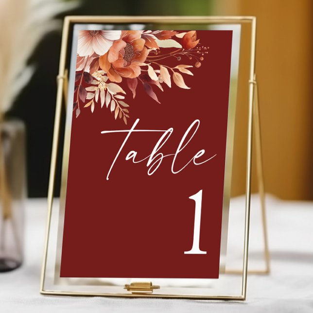Rusty Burgundy Brown Floral Flower Wedding Table Number (Creator Uploaded)