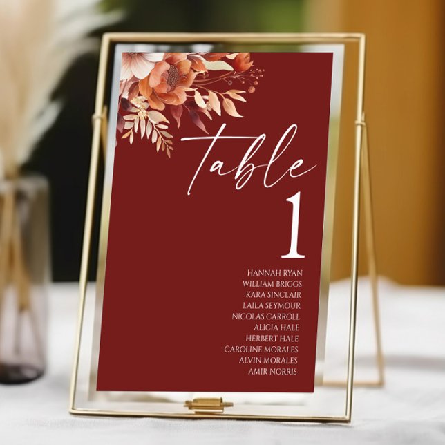 Rusty Burgundy Brown Floral Flower Wedding Table Number (Creator Uploaded)