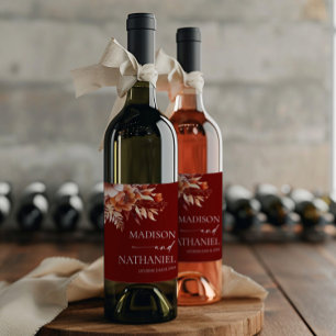 Rusty Burgundy Brown Floral Flower Wedding Wine Label