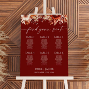 Rusty Burgundy Brown Floral Wedding Seating Chart Foam Board