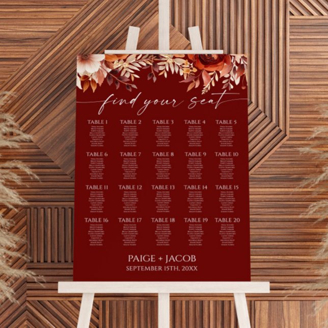 Rusty Burgundy Brown Floral Wedding Seating Chart Foam Board (Creator Uploaded)