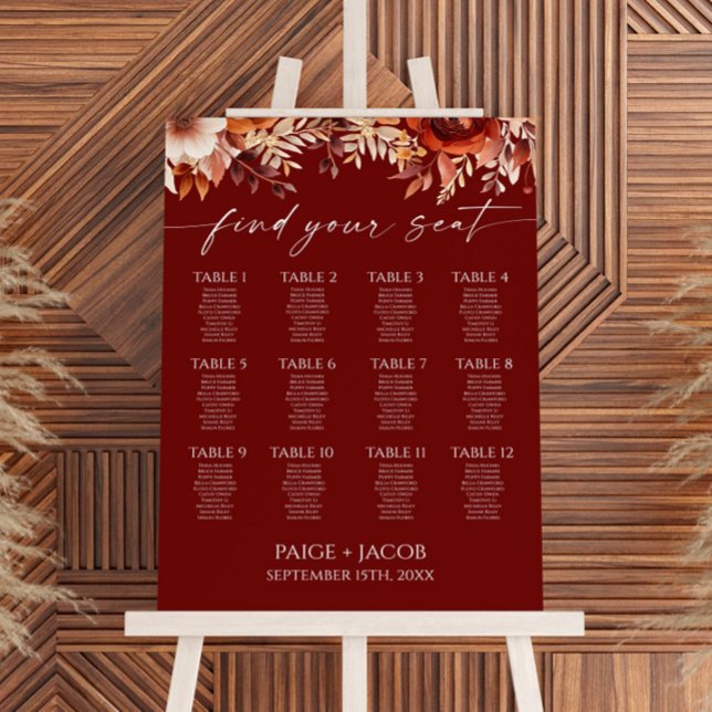 Rusty Burgundy Brown Floral Wedding Seating Chart Foam Board (Creator Uploaded)