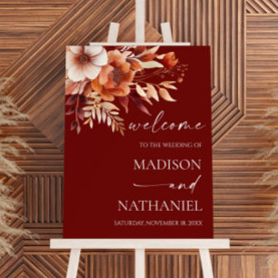 Rusty Burgundy Brown Floral Wedding Welcome Sign