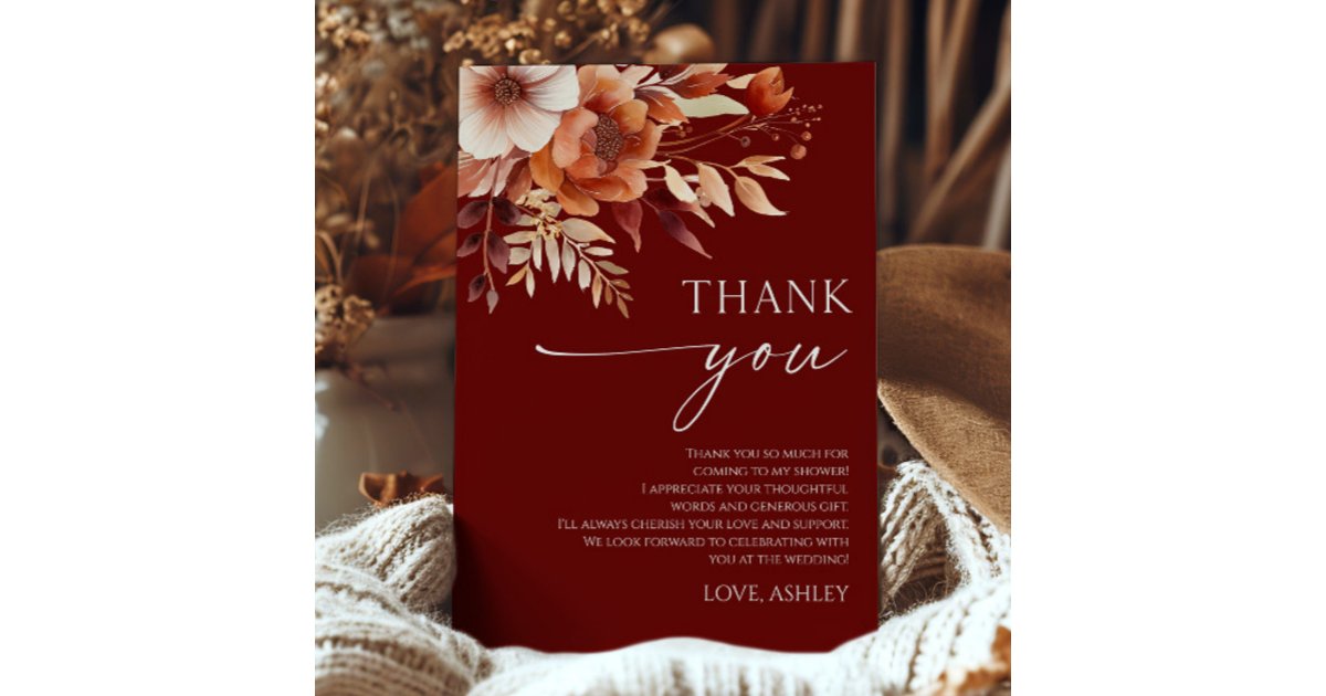 Rusty Burgundy Floral Flowers Bridal Shower Thank You Card | Zazzle
