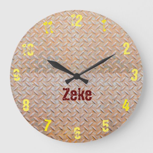 Rusty Diamond Plate Steel Custom Name Large Clock