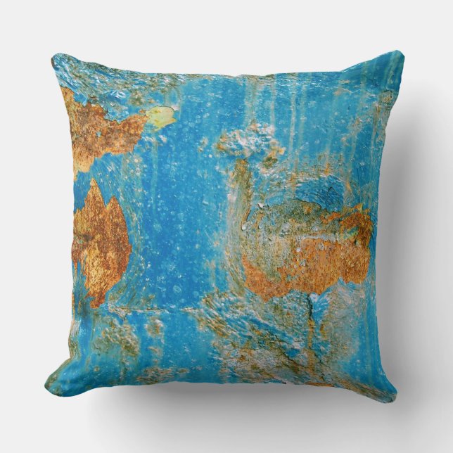 Rusty Distressed Blue Metal Throw Pillow (Front)