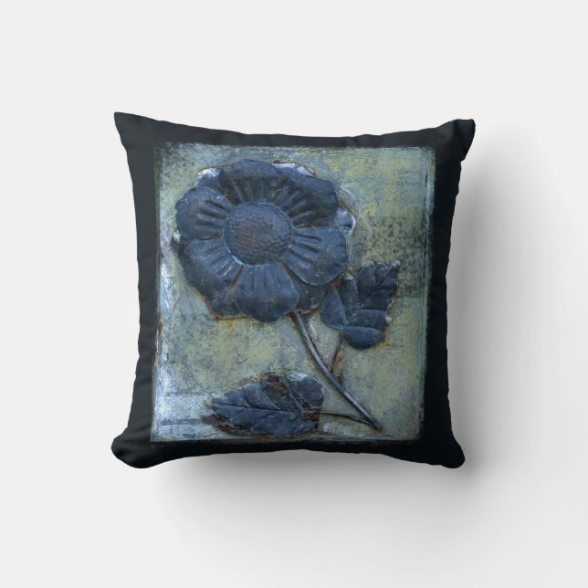 Rusty Distressed Metal Sunflower Texture Blue Throw Pillow (Front)