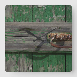 Rusty Door Handle On Green Door Square Wall Clock