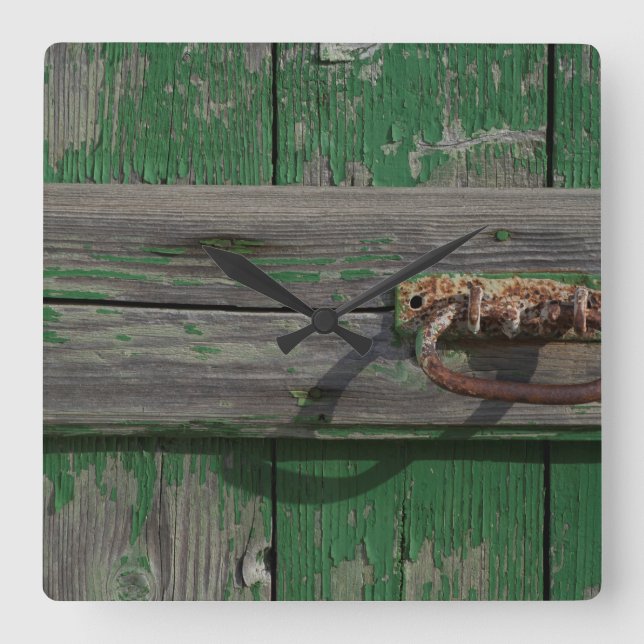 Rusty Door Handle On Green Door Square Wall Clock (Front)