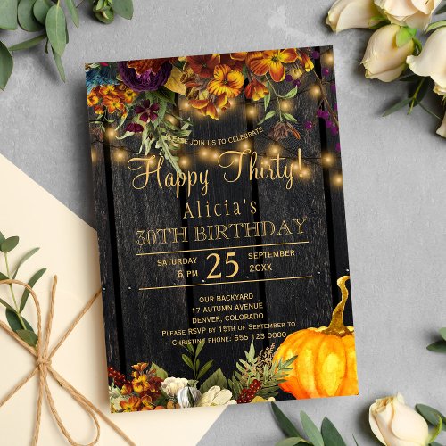 Rusty fall flowers rustic thirty years birthday invitation