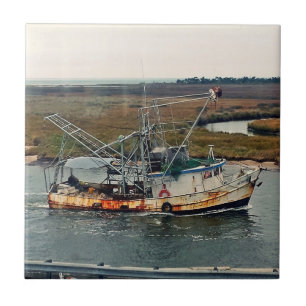 Rusty Fishing Boat Blue water in Marsh Ceramic Tile