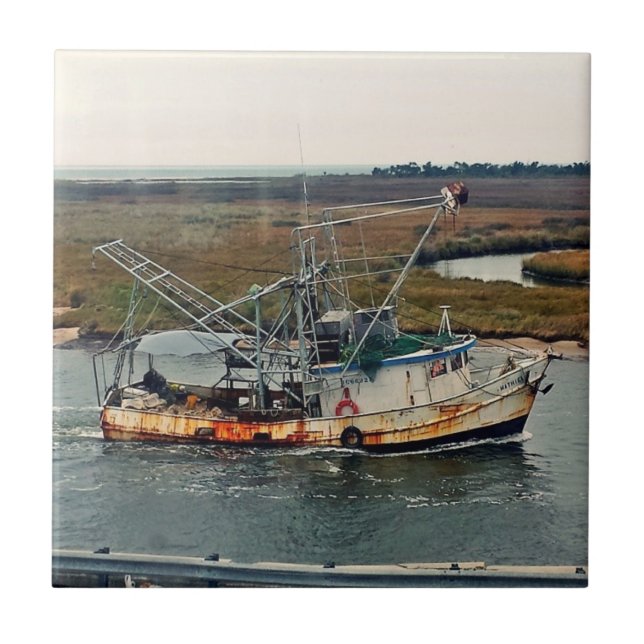 Rusty Fishing Boat Blue water in Marsh Ceramic Tile (Front)