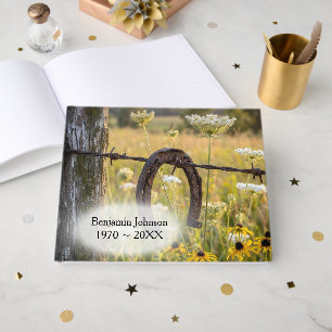 Rusty Horseshoe On Barbed Wire Fence Guest Book