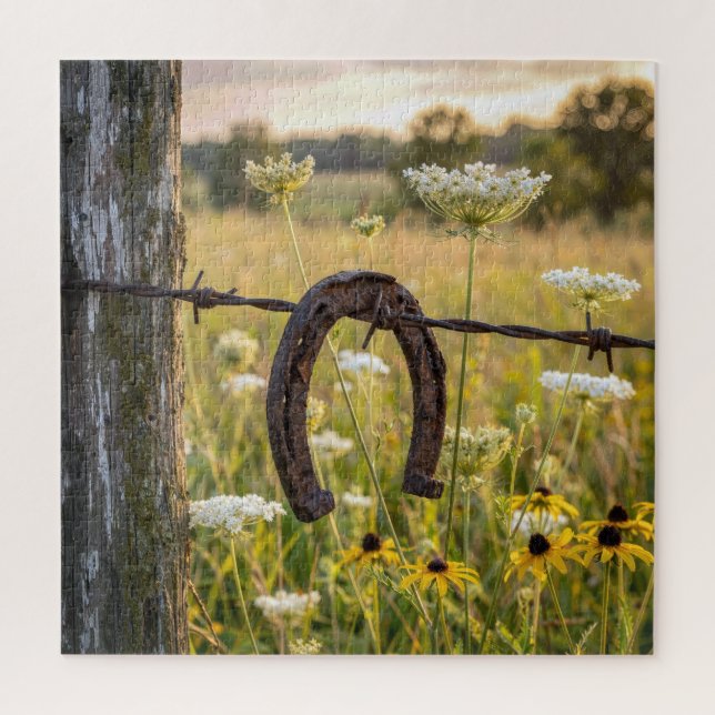 Rusty Horseshoe on Barbed Wire Fence Jigsaw Puzzle (Vertical)