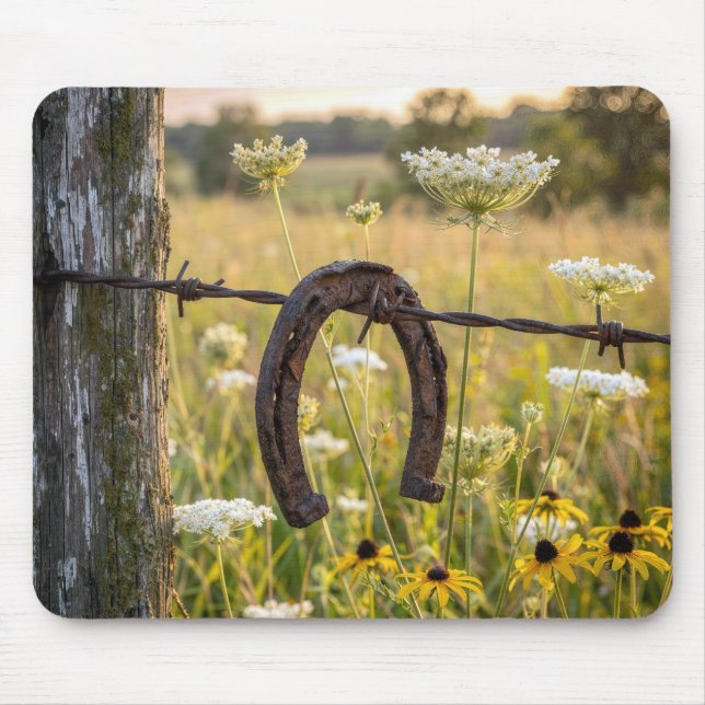 Rusty Horseshoe on Barbed Wire Fence Mouse Pad (Front)