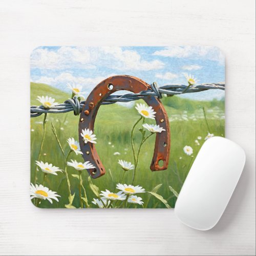 Rusty Horseshoe On Barbed Wire Fence Mouse Pad