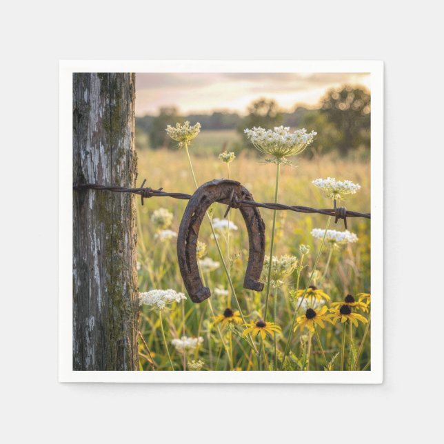 Rusty Horseshoe on Barbed Wire Fence Napkins (Front)
