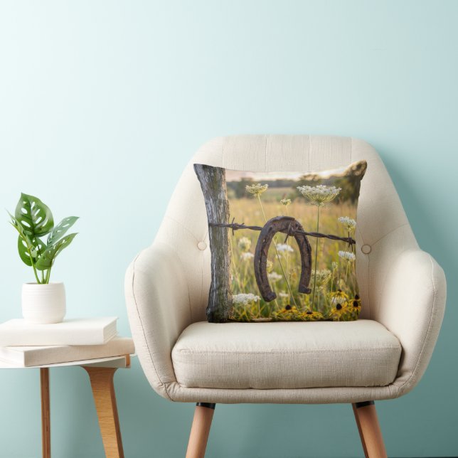 Rusty Horseshoe on Barbed Wire Fence Throw Pillow (Chair)