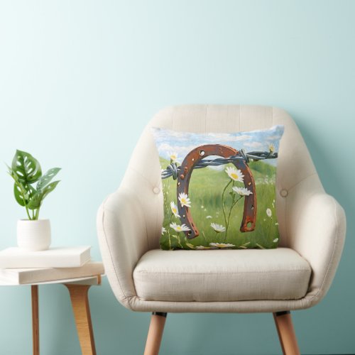 Rusty Horseshoe On Barbed Wire Fence Throw Pillow