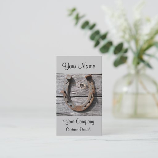 Customizable Rusty Horseshoe on Wooden Wall Rural Business Card