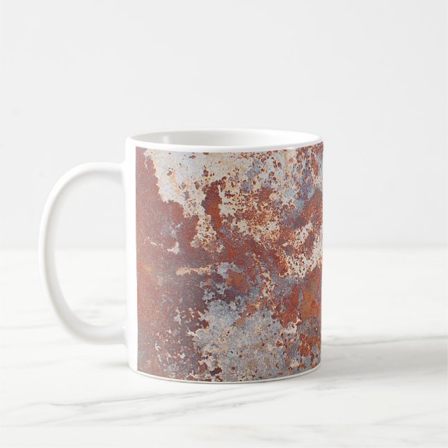 Rusty metal background coffee mug (Left)