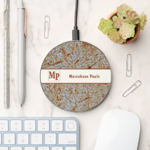Rusty Metal Modern Masculine Name Logo Image Wireless Charger