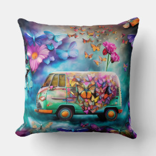 Rusty old Combi Van with Flowers Butterflies Throw Pillow