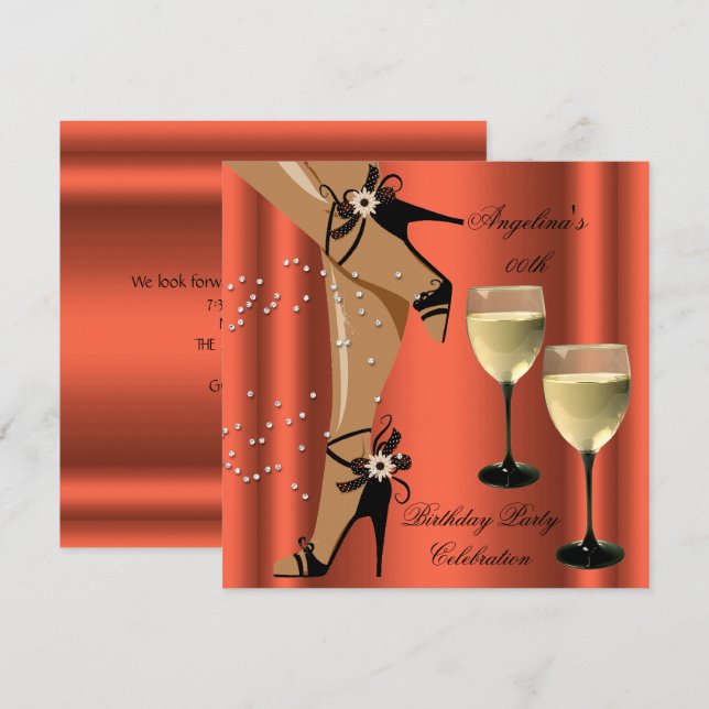 Rusty Orange Black Shoes Wine Glass Birthday Party Invitation (Front/Back)