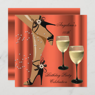 Rusty Orange Black Shoes Wine Glass Birthday Party Invitation