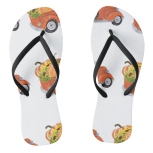 Rusty Orange Vintage Pickup Truck with Pumpkins Flip Flops