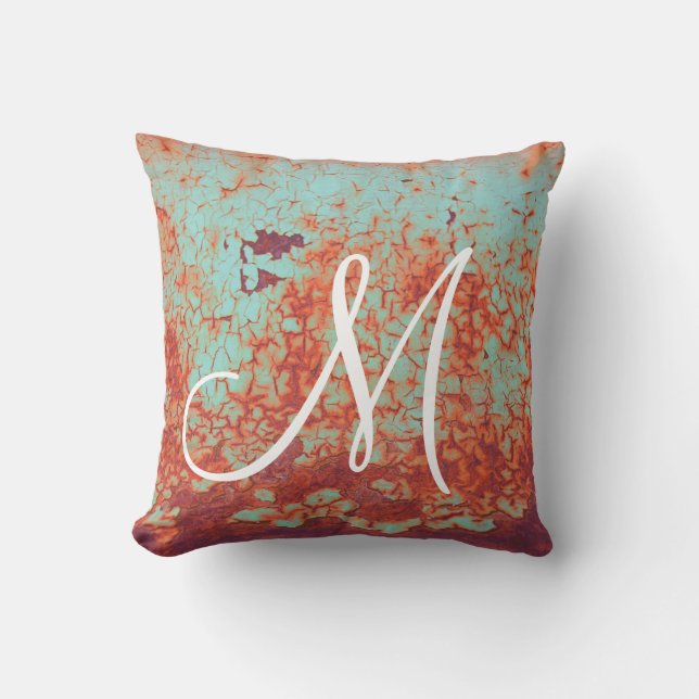 Rusty Peeling Paint Monogram Throw Pillow (Front)