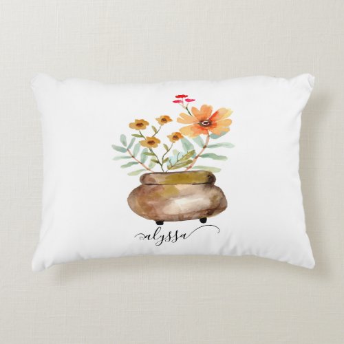 Rusty Pink Rose Flowers Trendy Script Name Accent Pillow