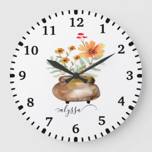 Rusty Pink Rose Flowers Trendy Script Name Large Clock