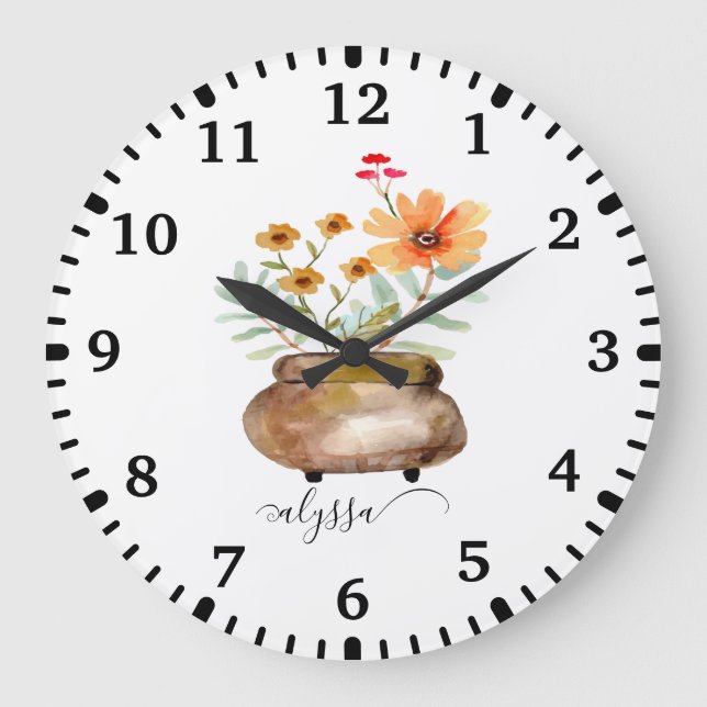 Rusty Pink Rose Flowers Trendy Script Name Large Clock (Front)