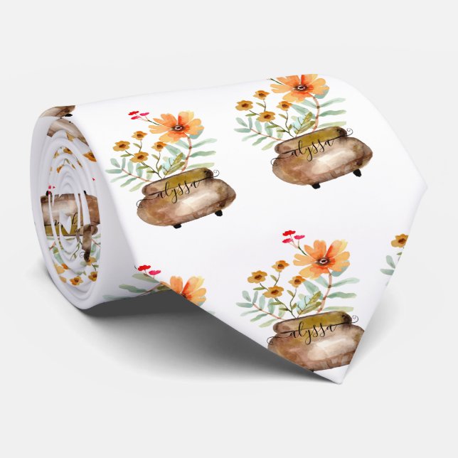 Rusty Pink Rose Flowers Trendy Script Name Neck Tie (Rolled)