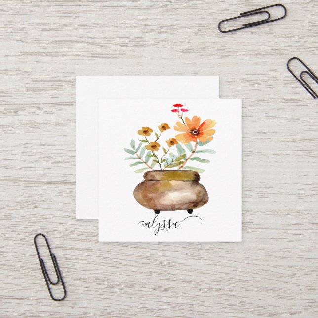 Rusty Pink Rose Flowers Trendy Script Name Square Business Card (Front/Back In Situ)