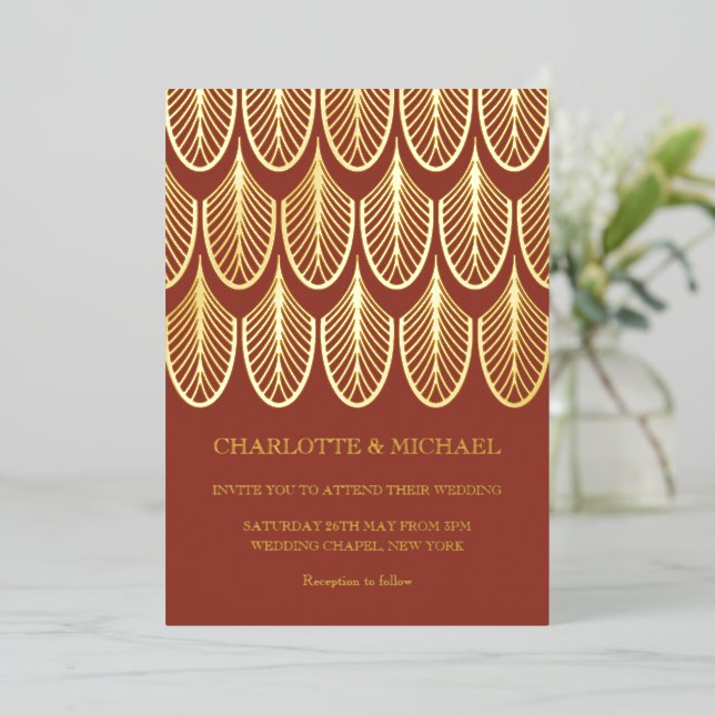 Rusty red Art Deco Vintage gold Foil Invitation (Standing Front)
