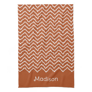 Rusty Red Terracotta Squiggly Chevron With Name Kitchen Towel