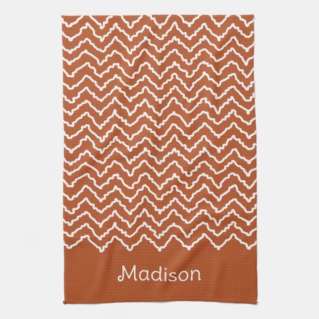 Rusty Red Terracotta Squiggly Chevron With Name Kitchen Towel (Vertical)