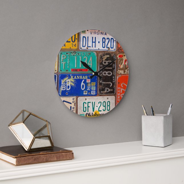 rusty retro license plate collection large clock (Office)