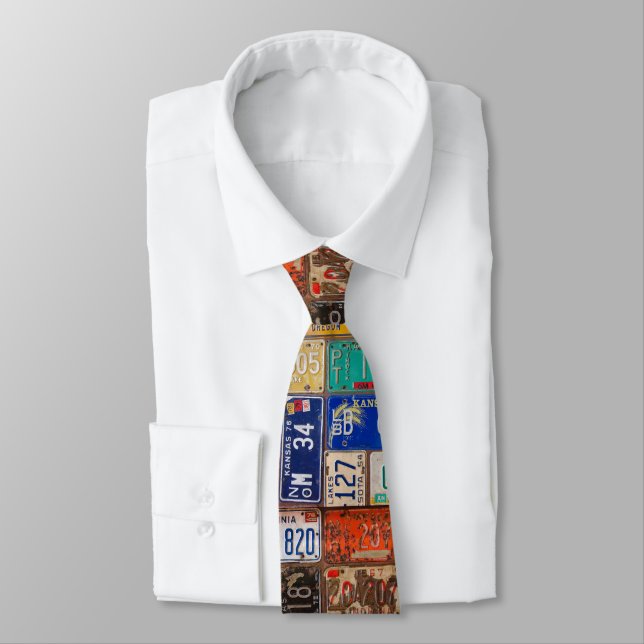 rusty retro license plate collection neck tie (Tied)