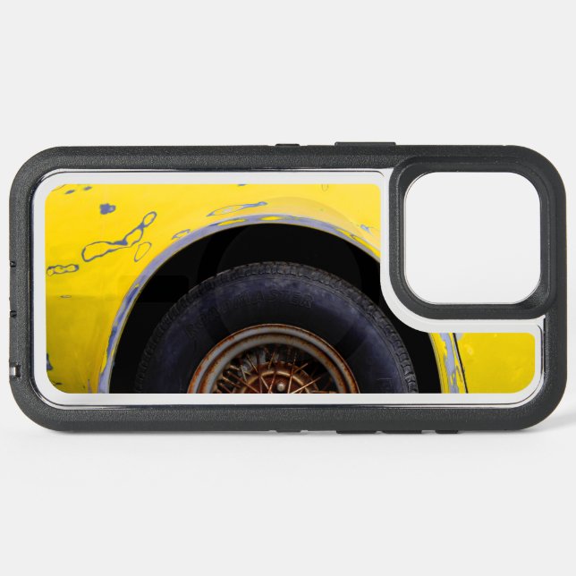 Rusty Roadmaster Tire, Peeling Yellow Painted Car iPhone 15 Pro Max Case (Back Horizontal)