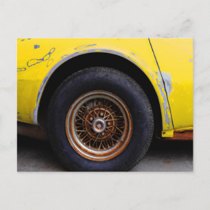 Rusty Roadmaster Tire, Peeling Yellow Painted Car  Postcard