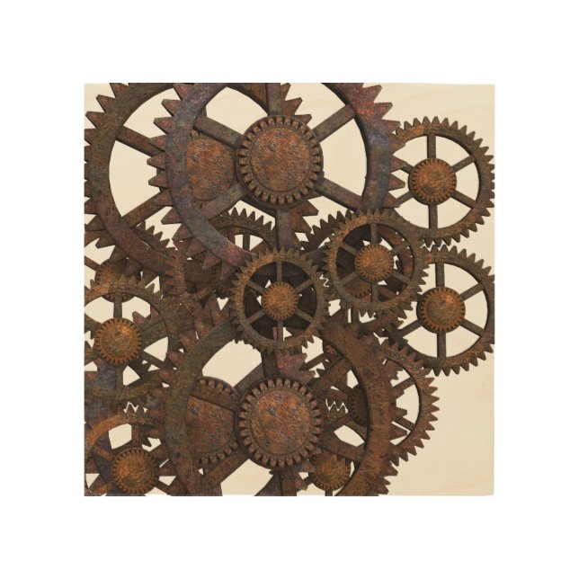 Rusty Steampunk Metal Gears Wood Wall Decor (Front)