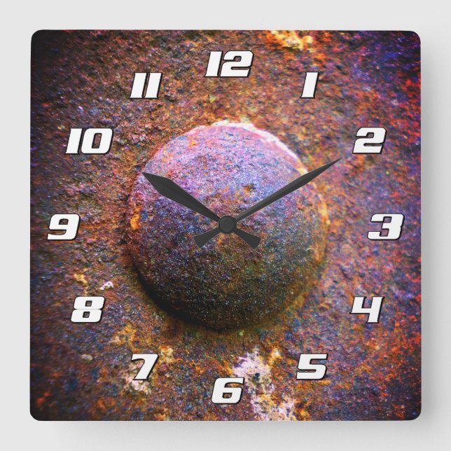 Rusty Steel Industrial Rivet with Numbers Square Wall Clock (Front)