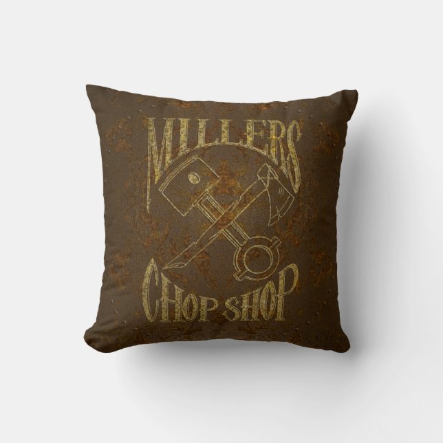Rusty Steel Logo with Rivets Throw Pillow (Front)