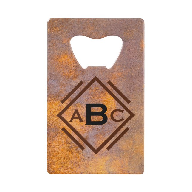 Rusty Steel Monogram Credit Card Bottle Opener (Front)