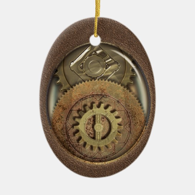 Rusty Vintage Cogs Steampunk Personalized Ceramic Ornament (Front)